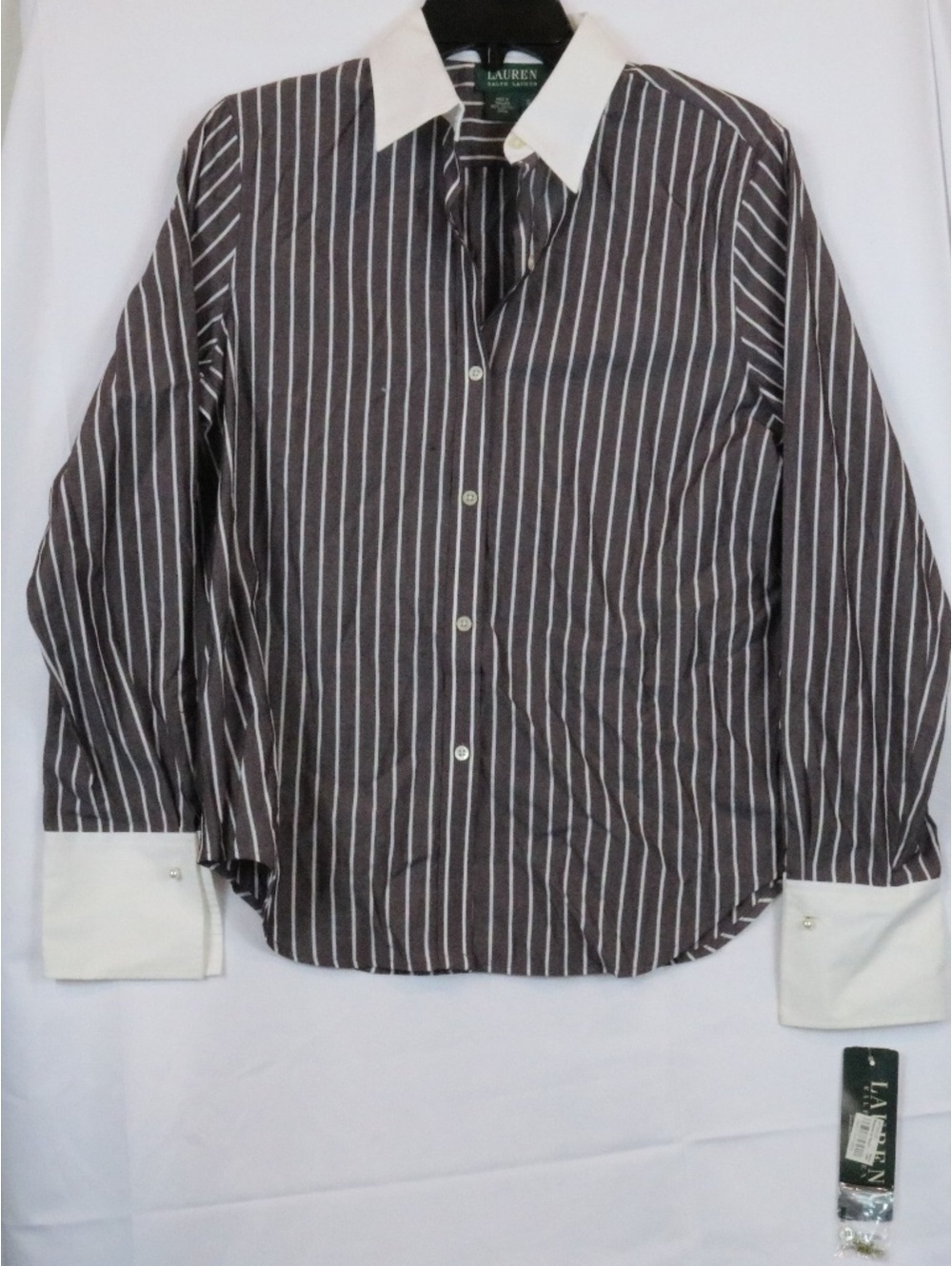VTG NWTG LAUREN By Ralph Lauren Black Cream Striped Silk Button Up Shirt Size S
